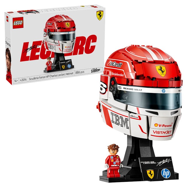 LEGO Editions Scuderia Ferrari HP Charles Leclerc helmet model featuring detailed red Ferrari racing design with sponsor accents, designed for LEGO builders, F1 fans, and collectors, ideal for motorsport display and Formula 1 themed construction experienc