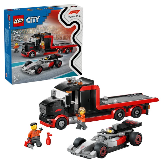 LEGO City F1 Display Truck with Audi F1 Race Car set featuring detailed transport truck and sleek Formula 1 racing car, designed for LEGO builders and motorsport fans, ideal for racing display, creative play, and collectible automotive construction experi