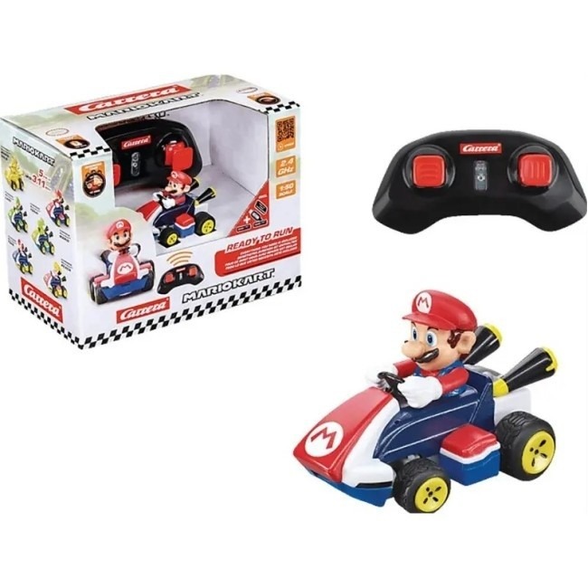 A small, officially licensed Carrera Mario Kart Mini RC remote control car featuring Mario in his signature red kart, next to its compact yellow controller.