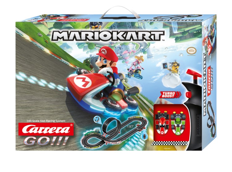 Carrera Racing Set GO Nintendo Mario Kart 8 4.9M featuring detailed slot car racing track with Mario Kart themed vehicles, shown as an electric racing game set for kids and families enjoying fast competitive gameplay fun.

