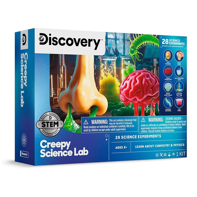 DISCOVERY TOY DIY Creepy Science Lab showing hands-on experiments including slime, color-changing reactions, and mini chemical experiments, complete with safe materials and instructions for kids to explore STEM learning, science fun, and creative play.
