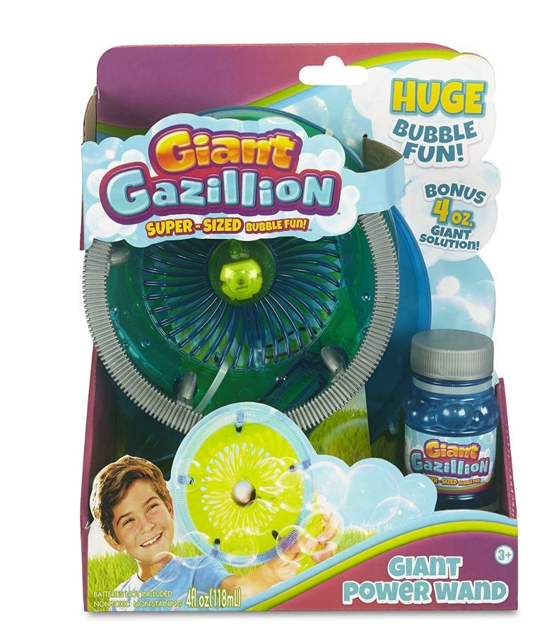 Gazillion Giant Bubbles Power Wand featuring a large bubble wand that creates massive, colorful bubbles. Perfect for outdoor play, parties, and family fun, this bubble toy delivers endless bubbly excitement for kids.
