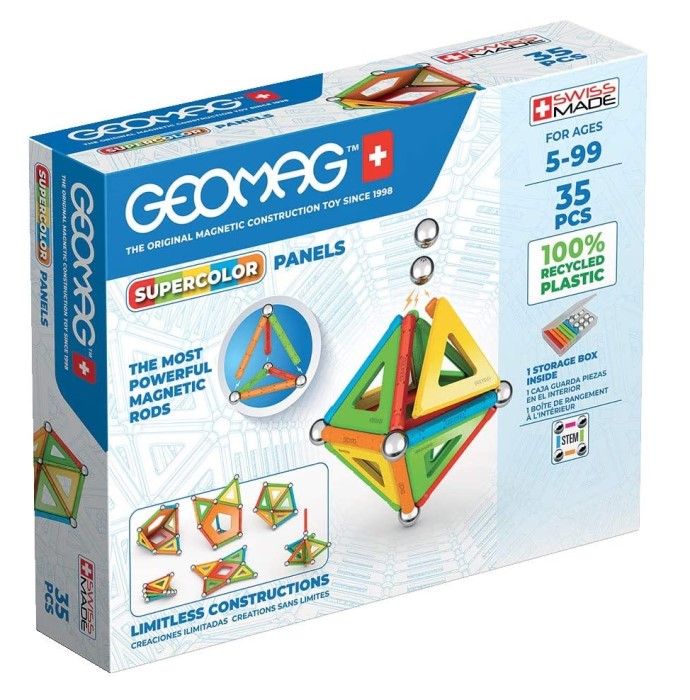 GEOMAG Supercolor Magnet Panels 35-Piece Set with colorful magnetic construction panels for kids, perfect for creative STEM play, building geometric structures, developing problem-solving skills, hands-on interactive learning, and imaginative fun.
