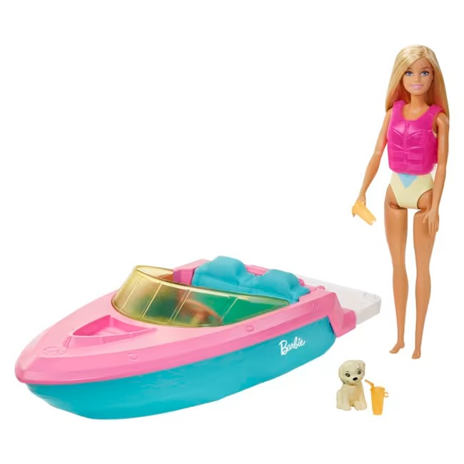 BARBIE DOLL AND BOAT PLAYSET WITH PET PUPPY