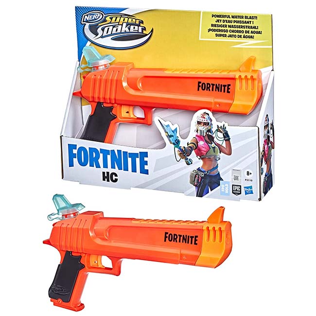 NERF Super Soaker Fortnite HC Water Blaster featuring Fortnite-inspired design and durable child-safe materials. Compact and portable, this water blaster delivers powerful soaking action, perfect for outdoor summer play and an ideal gift for Fortnite fans