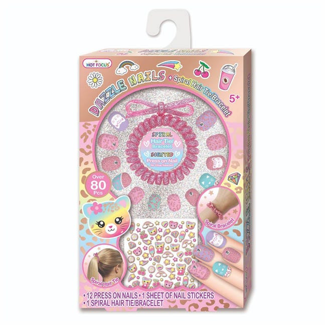 HOT FOCUS DAZZLE NAILS & SPIRAL HAIR TIE BRACELET LEOPARD