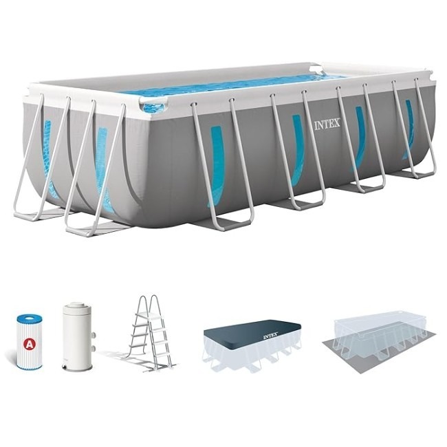 INTEX Prism Clearview 5M Rectangular Pool Set shown in backyard, featuring crystal-clear water, filter pump, ladder, and durable puncture-resistant walls. Perfect for family fun, summer swimming, and outdoor relaxation.