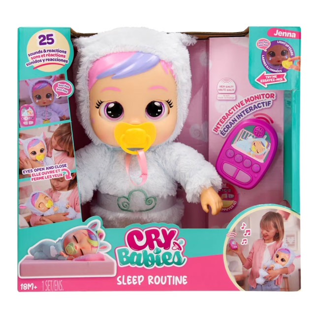 Cry Babies Jennas Sleep Routine Doll featuring a cute baby doll design with expressive eyes, soft child-friendly materials, and interactive bedtime routine play elements, created to encourage calming routines, nurturing roleplay, and comforting play for t