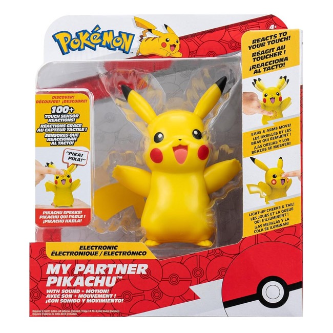 Pokemon Deluxe Figure featuring My Partner Pikachu with light-up cheeks, interactive sounds, and responsive touch sensors—perfect for imaginative Pokemon adventures, fans, and young Trainers.

