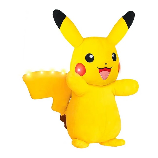 Pokémon Plush Power Action Pikachu featuring glowing red cheeks, battle sound effects, and animated arm and tail movement—an interactive, soft plush toy perfect for cuddles and dynamic play for Pokémon fans.
