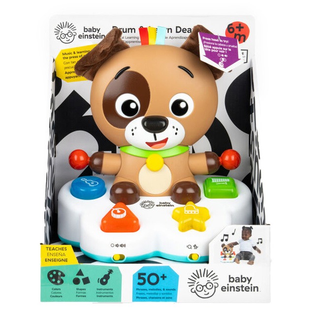 Baby Einstein Drum and Learn Dean Musical Learning Toy featuring a colorful drum with interactive buttons, lights, and sounds designed to help babies learn numbers, colors, and rhythm while improving motor skills and sensory development.
