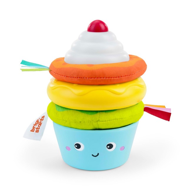 Bright Starts Treat Tower Stacking Toy with colorful stacking rings and a playful topper, designed for babies and toddlers to improve fine motor skills, coordination, and early learning through engaging and interactive play.
