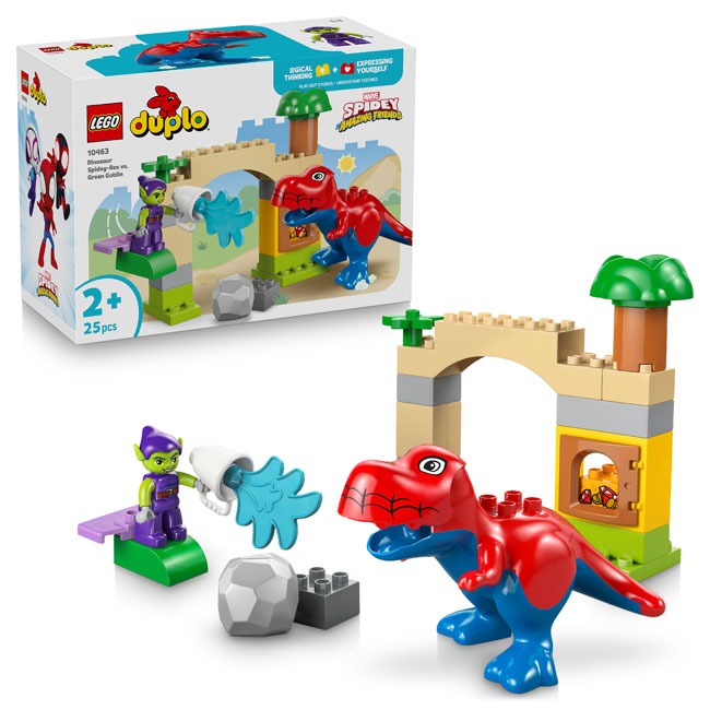 LEGO DUPLO Marvel Dinosaur Spidey Rex vs Green Goblin set, featuring easy-to-build Spidey Rex, Green Goblin, and a dinosaur battle scene, designed for toddlers to promote creative play, imagination, and superhero adventures.
