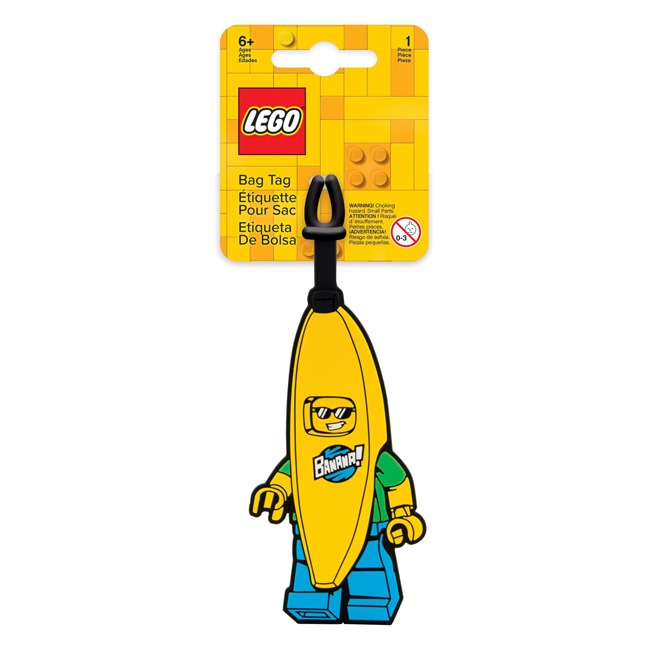 LEGO IQ Bag Tag Banana Guy showing the LEGO minifigure dressed in a banana costume, designed as a durable, flexible bag tag with a writable ID panel, perfect for kids’ backpacks, school bags, lunch bags, and travel luggage identification.
