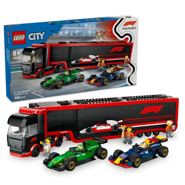 LEGO CITY F1 TRUCK WITH RB20 AND AMR24 F1 CARS