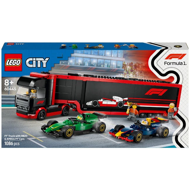 LEGO CITY F1 TRUCK WITH RB20 AND AMR24 F1 CARS