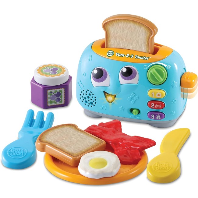 LeapFrog Yum-2-3 Toaster interactive kids toy featuring colorful pretend kitchen toaster with lights, sounds, and learning activities, designed for toddlers, supporting number learning, color recognition, fine motor skills, and imaginative breakfast role-