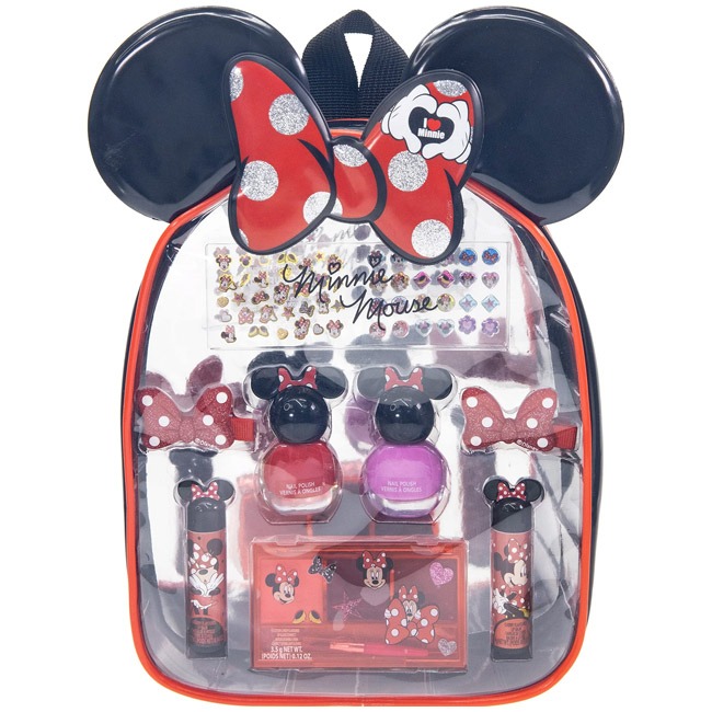 Townley Girl Disney Minnie Mouse Cosmetic Gift Bag Set featuring lip glosses, nail polishes, and accessories in a reusable Minnie-themed zippered pouch—safe and fun makeup play for kids who love Disney’s Minnie Mouse.
