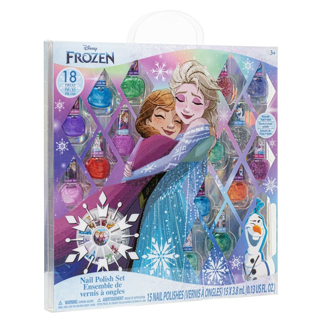 Townley Girl Disney Frozen 15-Pack Nail Polish Set with vibrant, Frozen-inspired colors. Non-toxic and kid-safe, perfect for creative nail art, mixing, and matching for young fans of Elsa and Anna. Ideal for gifts and parties.