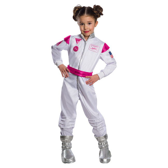 Rubies Costume Barbie Astronaut-Medium. High-quality Barbie astronaut costume featuring a sleek white jumpsuit with NASA patches and attached belt. Comfortable, durable, and perfect for Halloween, dress-up parties, and imaginative play. Medium size for a 