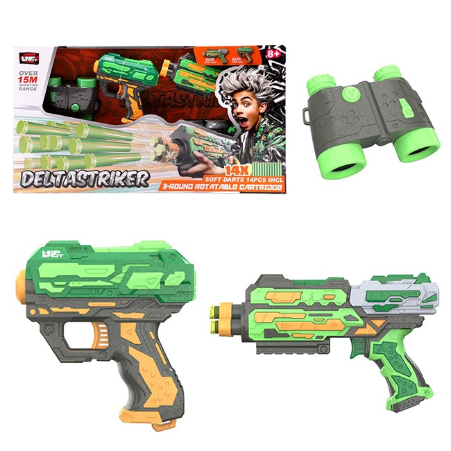 Hip Shot Dart Blaster Gun Set with 2 foam dart blasters and binoculars displayed in sleek design. Perfect toy set for kids, teens, and adults, designed for safe indoor and outdoor play with accurate shots, ergonomic grips, and quick reload chambers.
