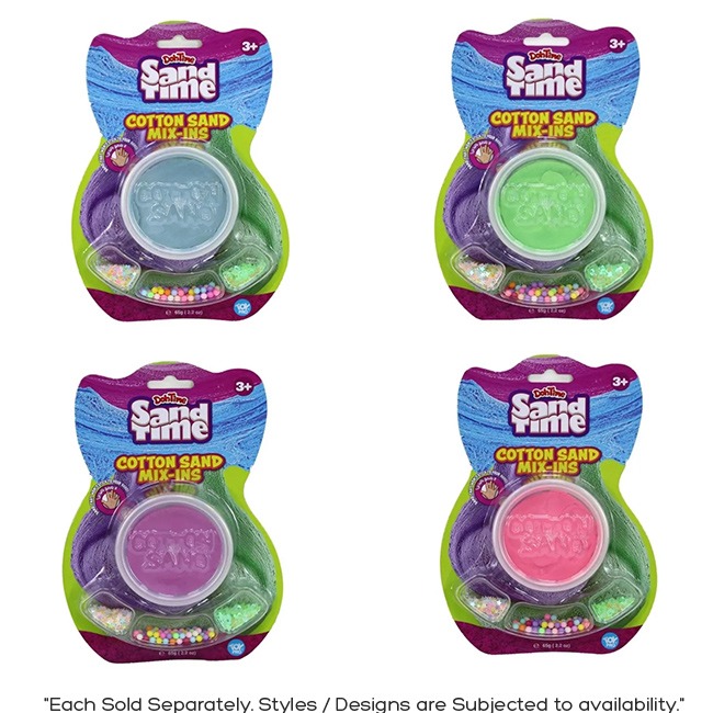 SANDTIME Cotton Sand Mix 65G featuring soft, stretchy, moldable cotton sand in vibrant mixed colors, designed for creative shaping and sensory play. Ideal for kids’ fine motor development, tactile learning, and mess-free indoor activities.
