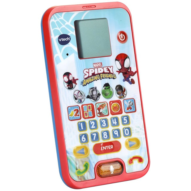 VTech Spidey and His Amazing Friends Learning Phone featuring colorful Spiderman-themed design with interactive buttons, songs, and sounds, designed to teach preschool numbers, letters, and problem-solving while supporting imaginative play and fine motor 