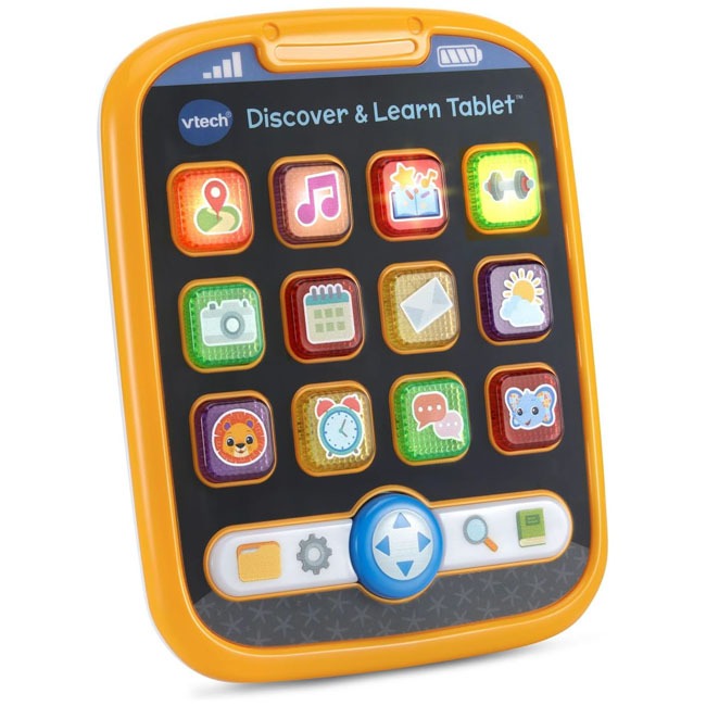 VTech Discover and Learn Tablet VTUS featuring colorful interactive screen and buttons, designed for kids early learning, teaching letters numbers and shapes, supporting cognitive development, creativity, and educational play through engaging sound and ac
