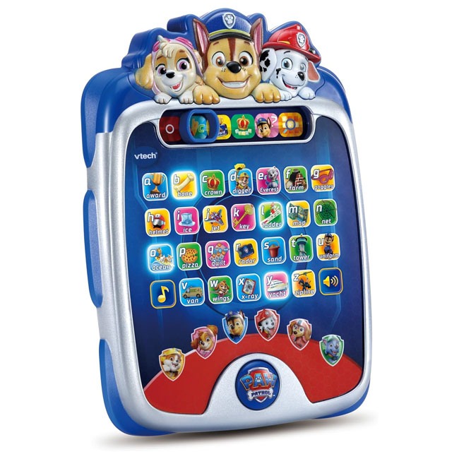 VTech Paw Patrol Light Up Learning Pad VTUS featuring colorful interactive pad with light-up buttons and Paw Patrol design, designed for kids early learning, teaching letters numbers and sounds while supporting cognitive development and sensory play.
