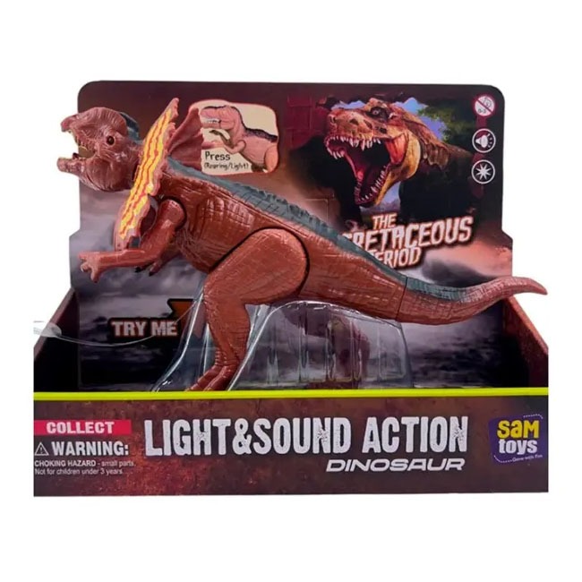 SAM TOYS Press N Play Dilophosaurus dinosaur toy featuring detailed texture, vibrant colors, and interactive sound and motion, perfect for kids imaginative play and educational prehistoric adventures

