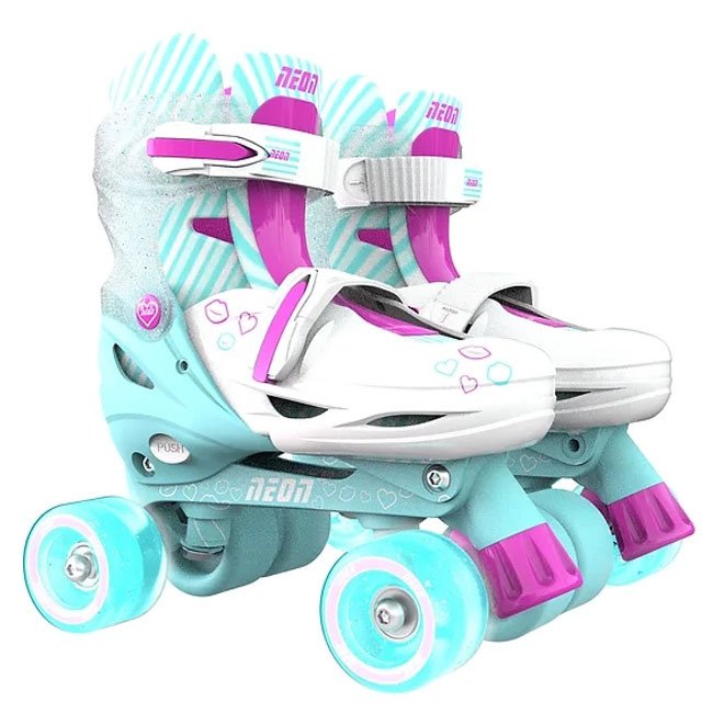 Yvolution 3-6 Teal/Pink Neon Combo Skates featuring adjustable size for growing children, vibrant teal and pink neon design, durable frame, smooth inline wheels, comfortable straps, ideal for safe and fun skating for toddlers and kids.
