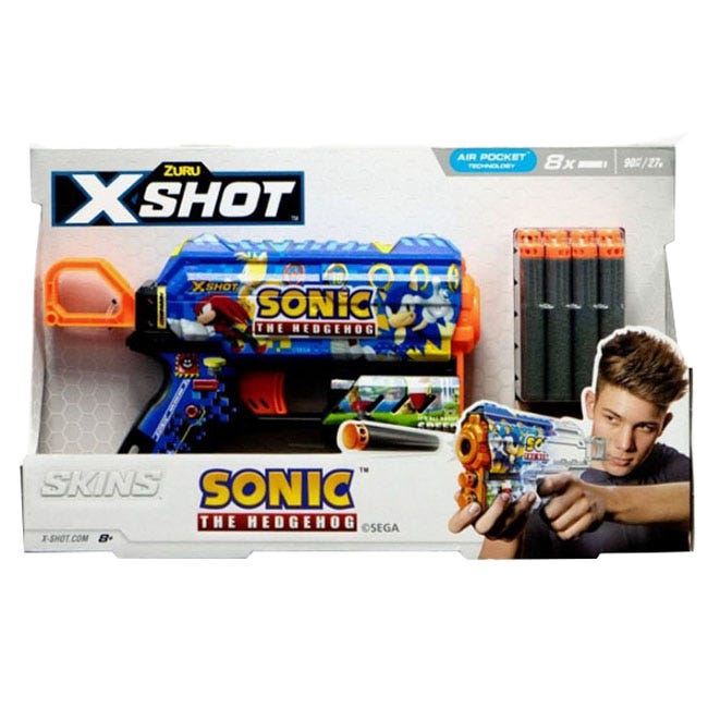 ZURU X-SHOT SKINS SONIC THE HEDGEHOG S1 FLUX BLASTER WITH 8